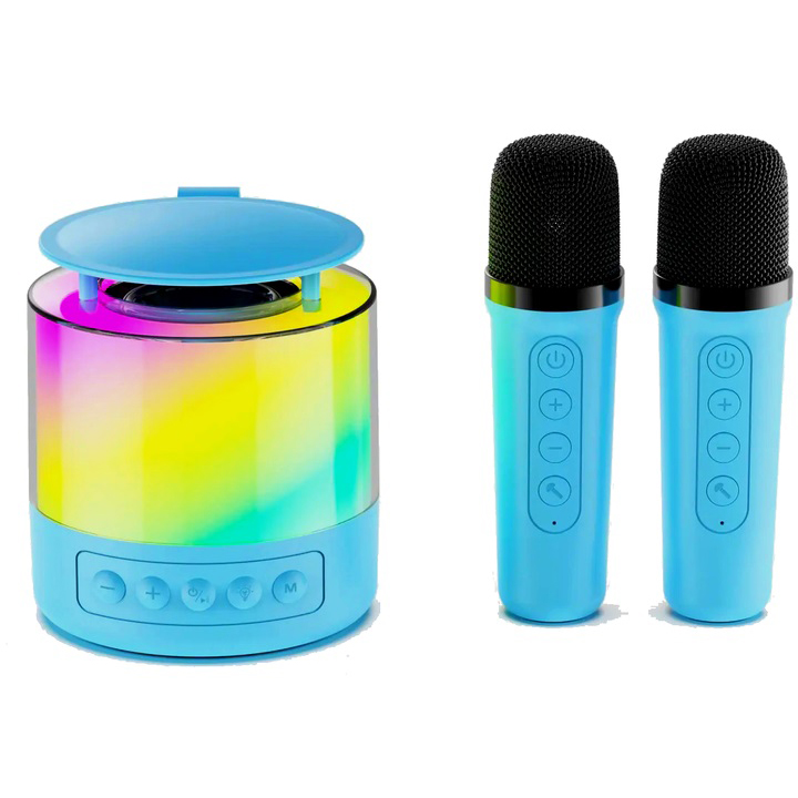 Портативная Bluetooth колонка K19 с подсветкой LED и двумя микрофонами для караоке Blue