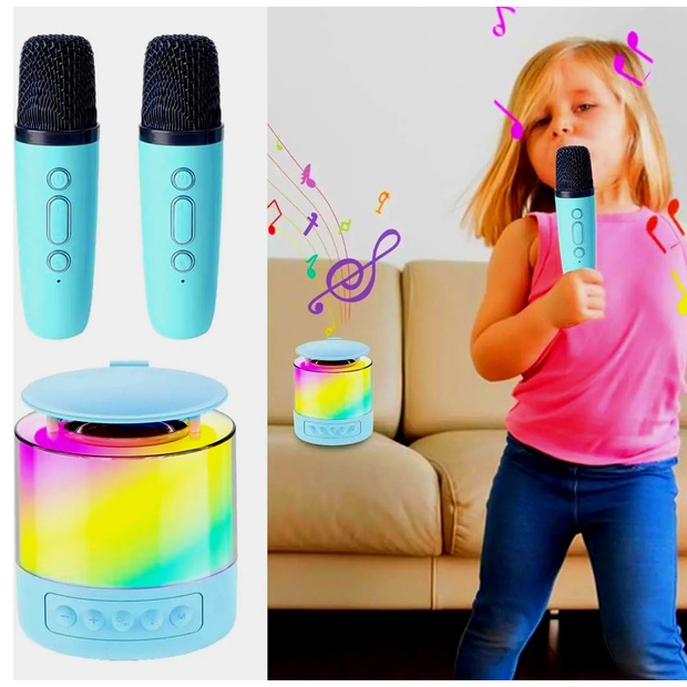 Портативная Bluetooth колонка K19 с подсветкой LED и двумя микрофонами для караоке Blue