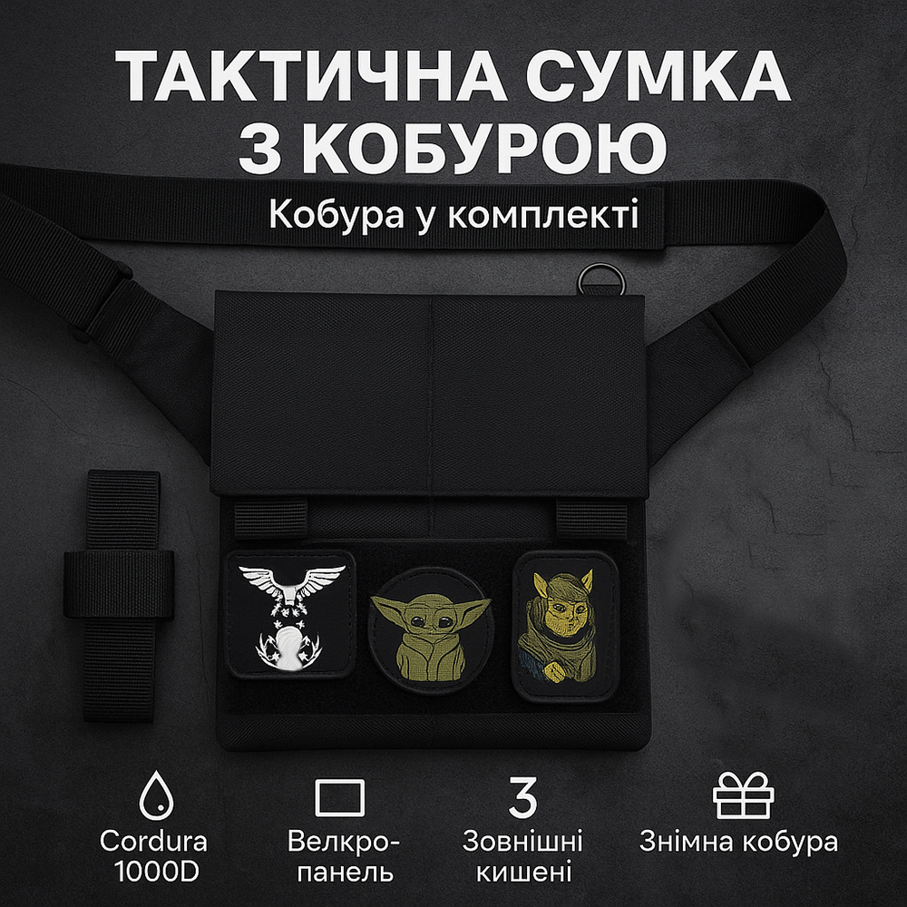 Сумка мессенджер С КОБУРОЙ. Тактическая сумка из ткани, 3 кармана, патч-панель, Cordura