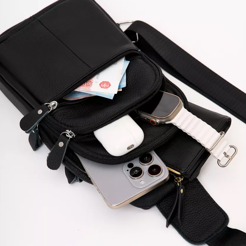 Стильная мужская кожаная сумка через плечо, натуральная кожа флотарь, качественная фурнитура