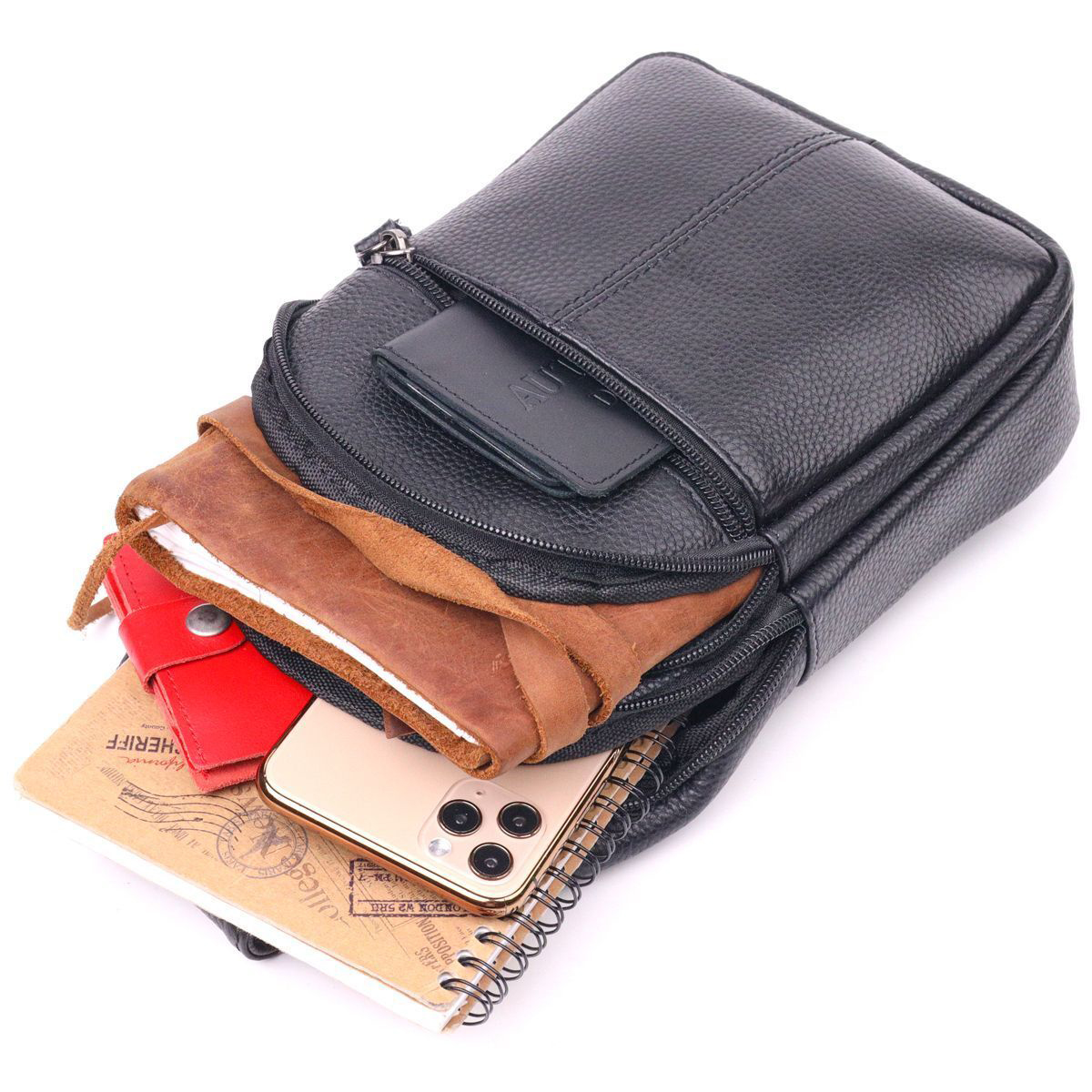 Стильная мужская кожаная сумка через плечо, натуральная кожа флотарь, качественная фурнитура