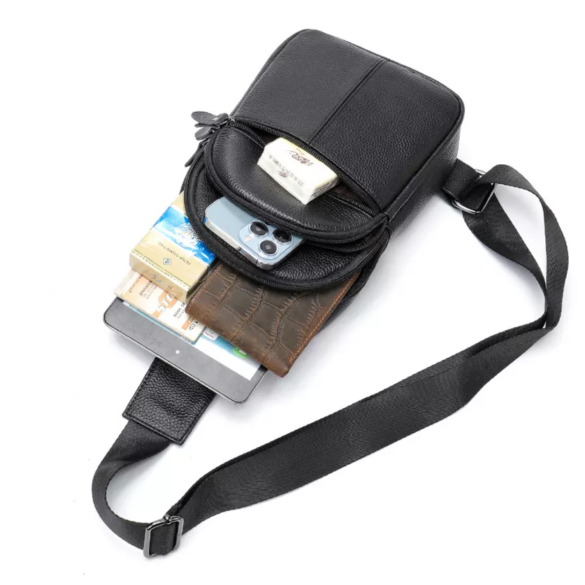 Стильная мужская кожаная сумка через плечо, натуральная кожа флотарь, качественная фурнитура