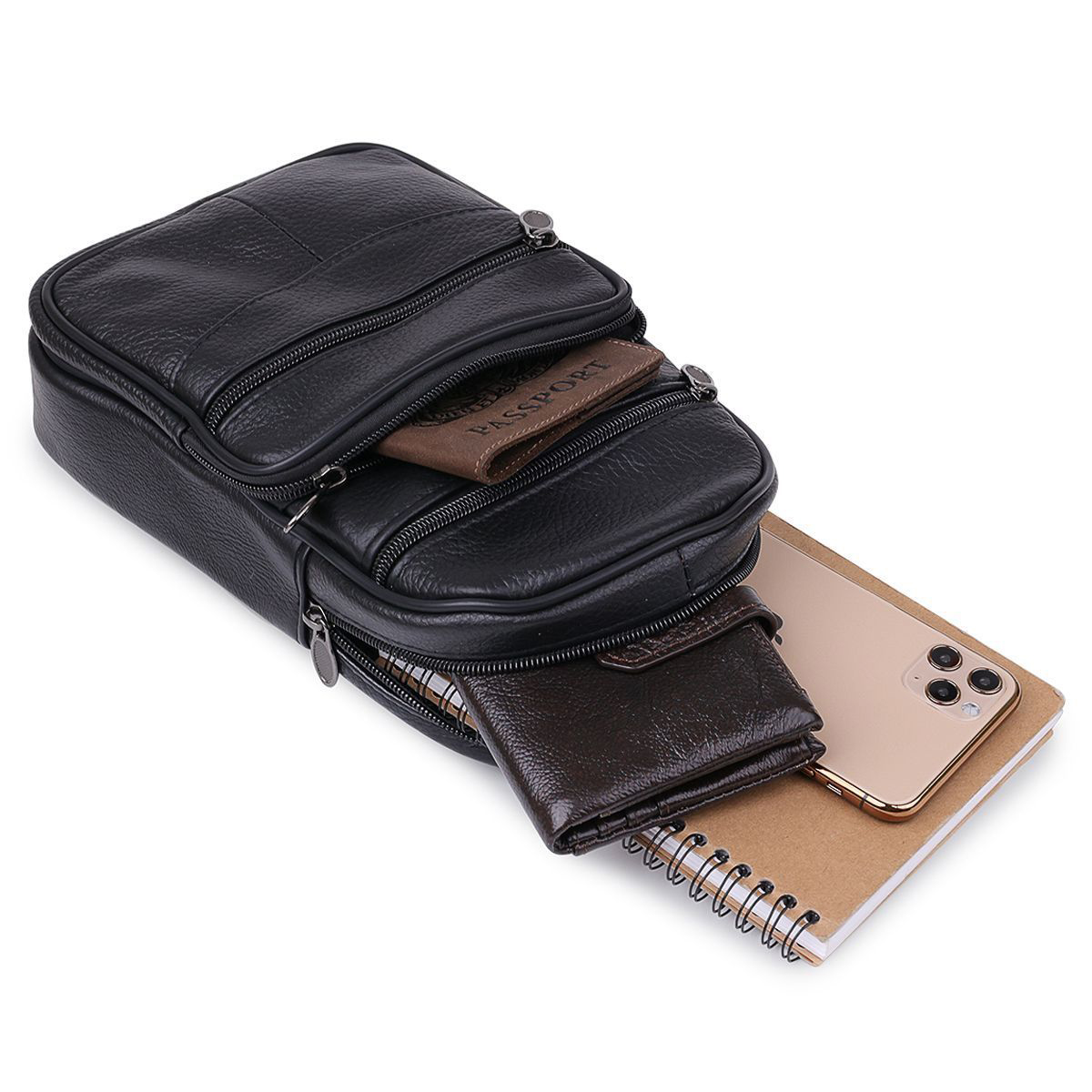 Мужской кожаный слинг через плечо из натуральной итальянской кожи – средний размер, много карманов