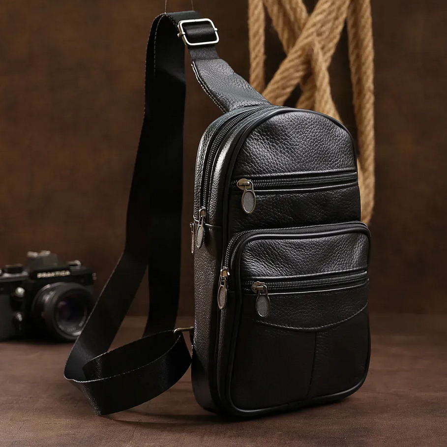 Мужской кожаный слинг через плечо из натуральной итальянской кожи – средний размер, много карманов