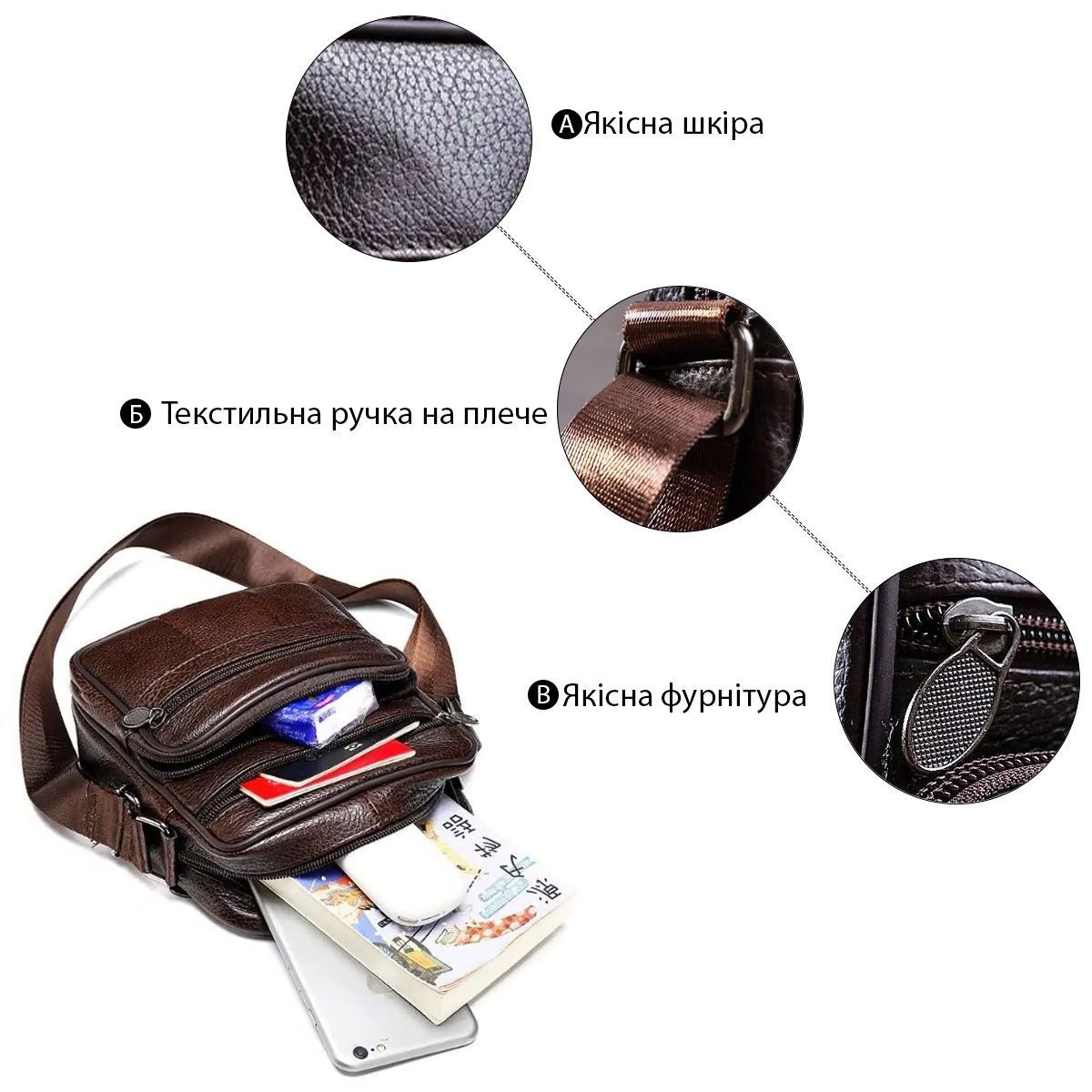 Мужская сумка из натуральной итальянской кожи, коричневая, компактный мессенджер, кроссбоди
