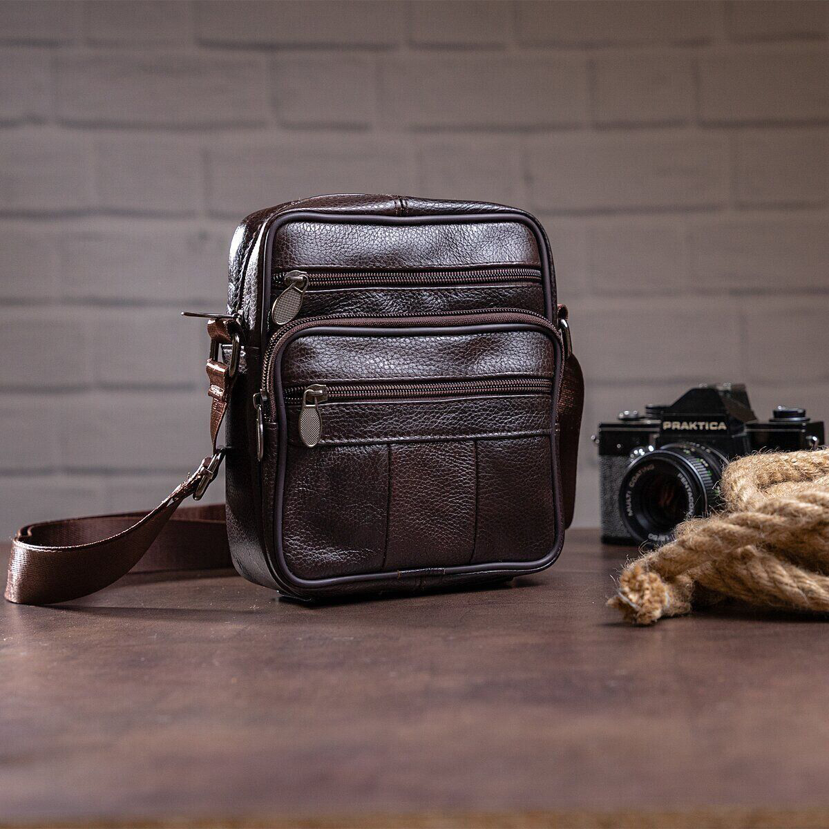 Мужская сумка из натуральной итальянской кожи, коричневая, компактный мессенджер, кроссбоди