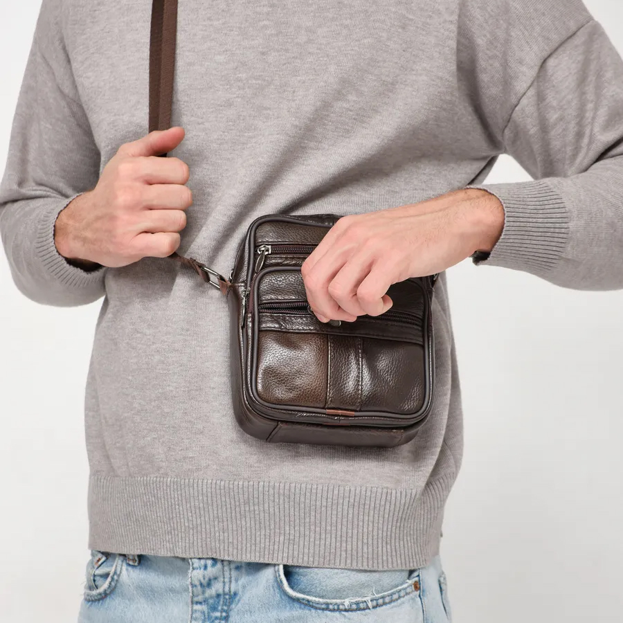 Мужская сумка из натуральной итальянской кожи, коричневая, компактный мессенджер, кроссбоди