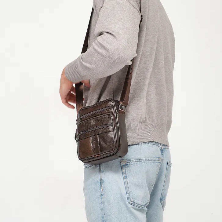 Мужская сумка из натуральной итальянской кожи, коричневая, компактный мессенджер, кроссбоди