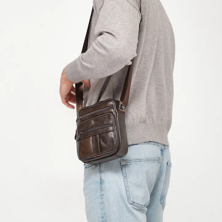 Мужская сумка из натуральной итальянской кожи, коричневая, компактный мессенджер, кроссбоди