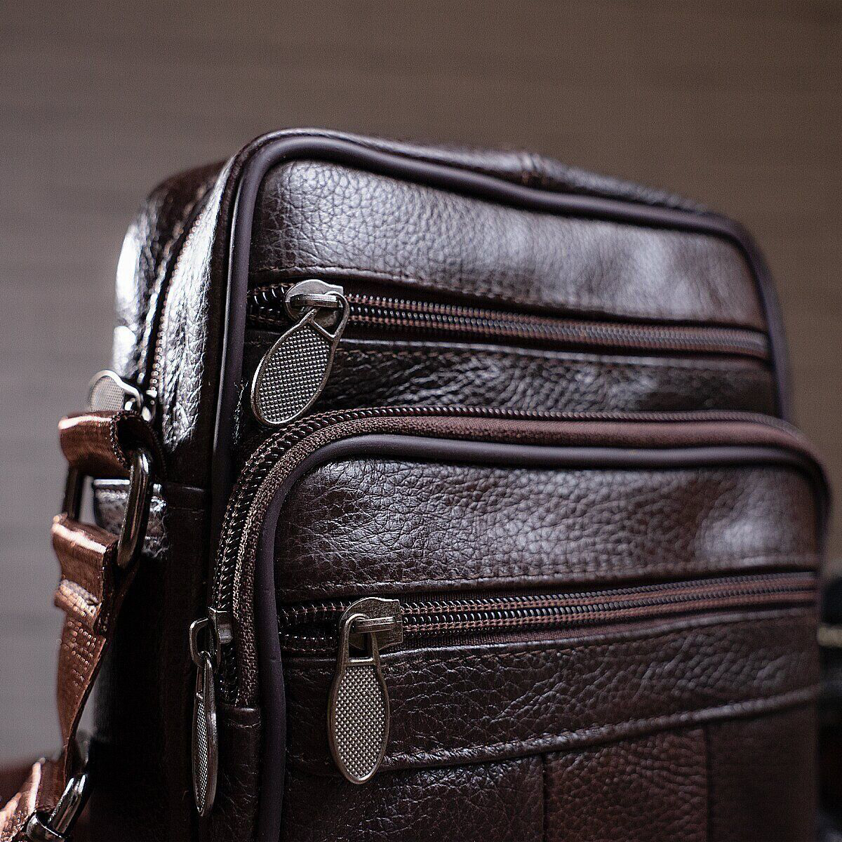 Мужская сумка из натуральной итальянской кожи, коричневая, компактный мессенджер, кроссбоди