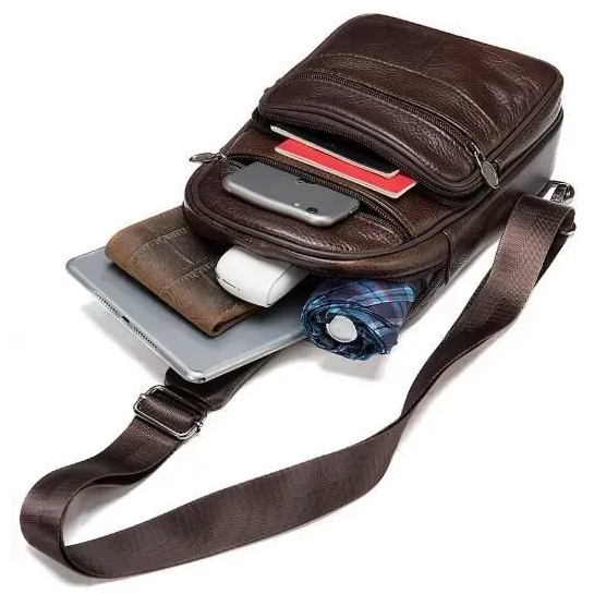 Стильная мужская кожаная сумка слинг среднего размера из качественной итальянской кожи в фирменной упаковке