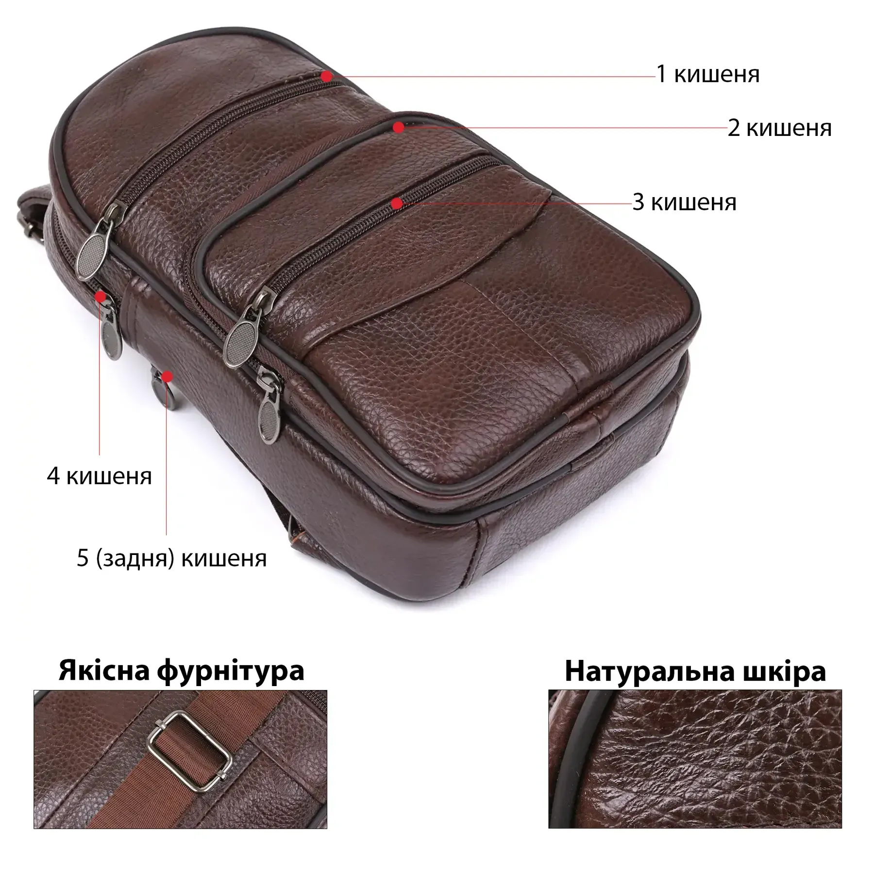 Стильная мужская кожаная сумка слинг среднего размера из качественной итальянской кожи в фирменной упаковке