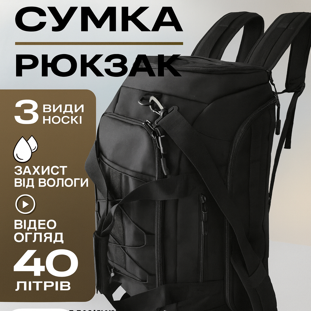 Тактическая дорожная сумка-рюкзак 2 в 1 — упрочненная, универсальная черная