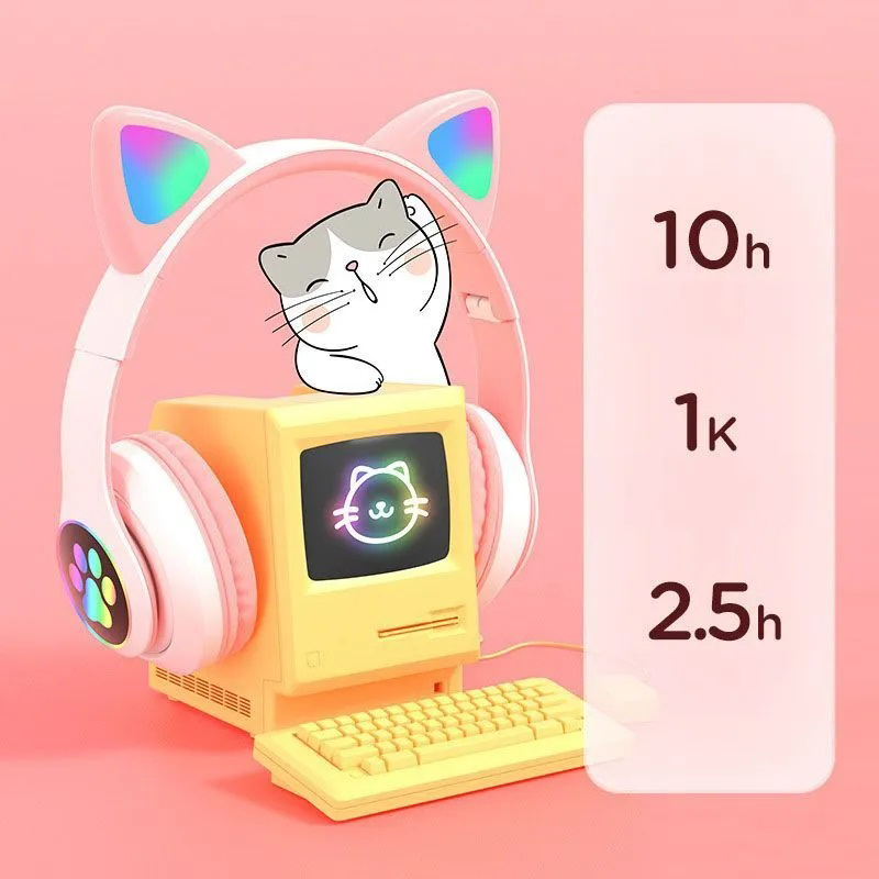 Беспроводные наушники с кошачьими ушками и RGB подсветкой Cat VZV 23M. Цвет: розовый