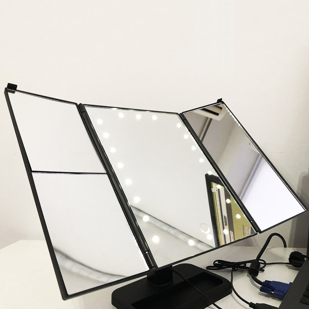 Тройное зеркало для макияжа с подсветкой, Зеркало с светодиодом, Настольное led зеркало. Цвет: черный