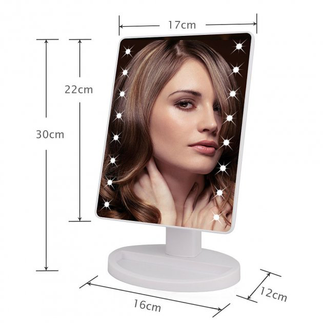 Зеркало для макияжа с 16 LED подсветкой Mirror White, Светящееся зеркало для макияжа. Цвет: белый
