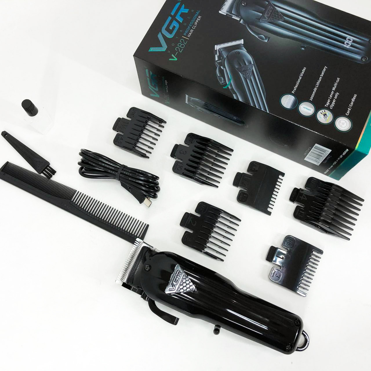 Машинка для стрижки волос VGR V-282 аккумуляторная подстригательная профессиональная LED, 6 насадок
