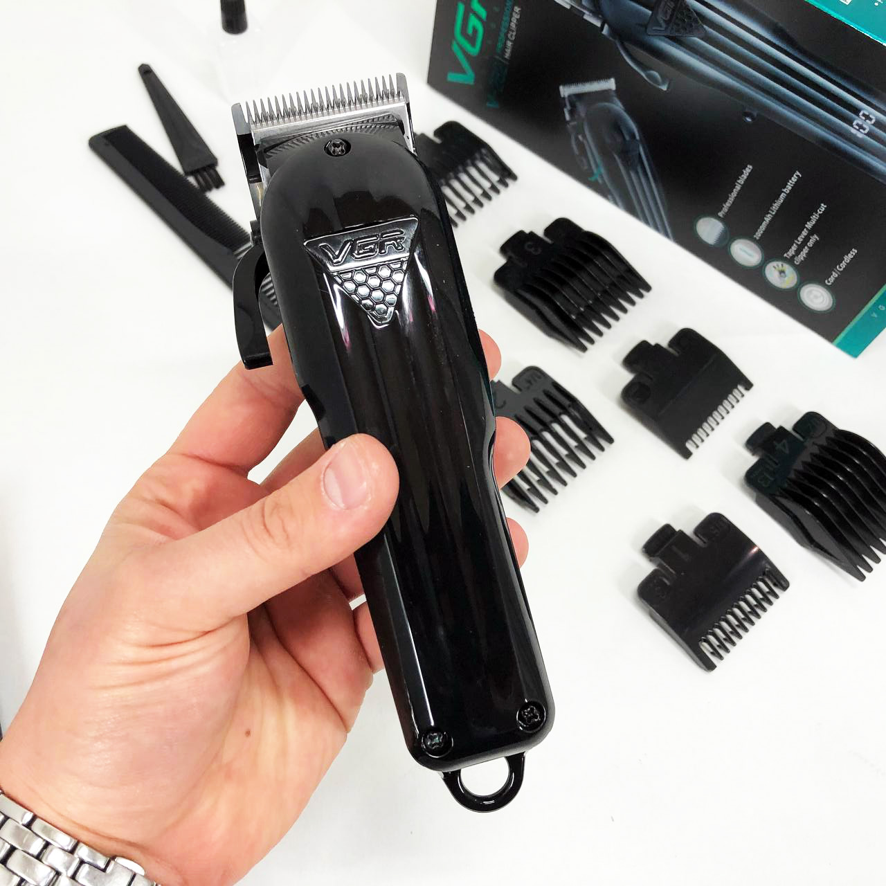 Машинка для стрижки волос VGR V-282 аккумуляторная подстригательная профессиональная LED, 6 насадок