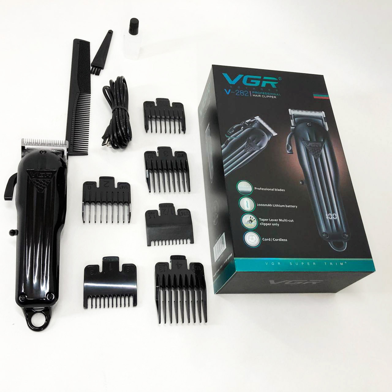 Машинка для стрижки волос VGR V-282 аккумуляторная подстригательная профессиональная LED, 6 насадок