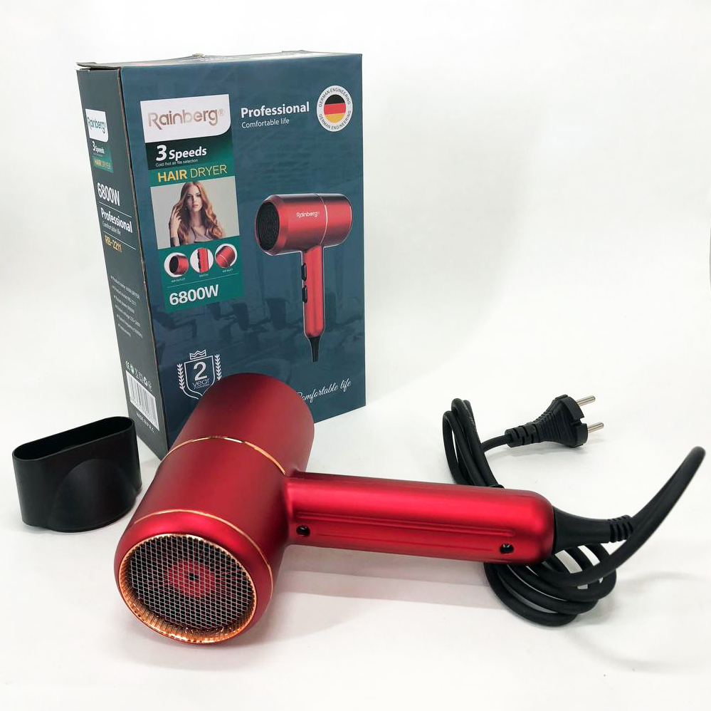 Фен для укладки и сушки волос Rainberg RB-2211 + насадка-концентратор, воздушный стайлер. Цвет: красный