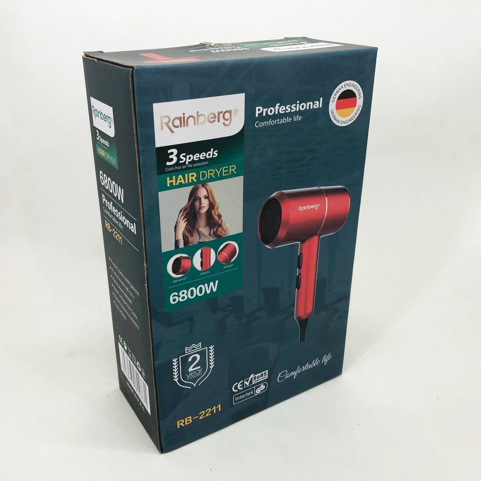 Фен для укладки и сушки волос Rainberg RB-2211 + насадка-концентратор, воздушный стайлер. Цвет: красный