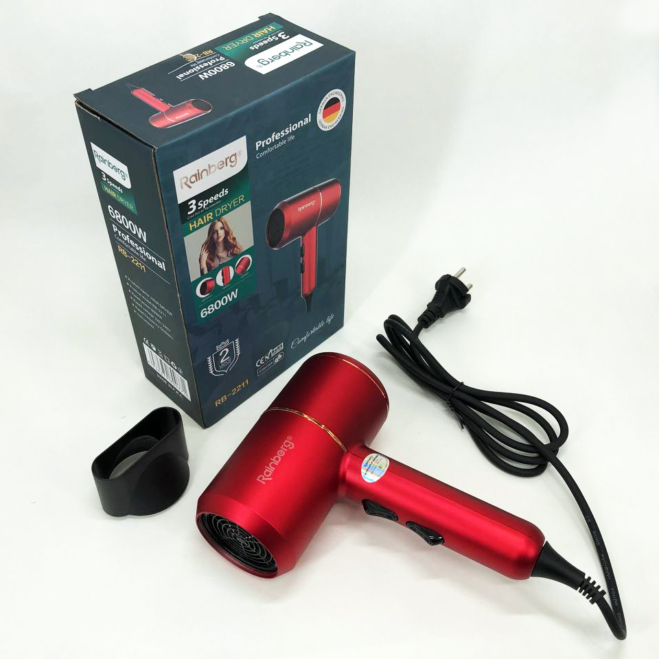 Фен для укладки и сушки волос Rainberg RB-2211 + насадка-концентратор, воздушный стайлер. Цвет: красный