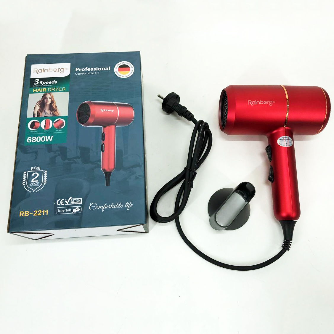 Фен для укладки и сушки волос Rainberg RB-2211 + насадка-концентратор, воздушный стайлер. Цвет: красный