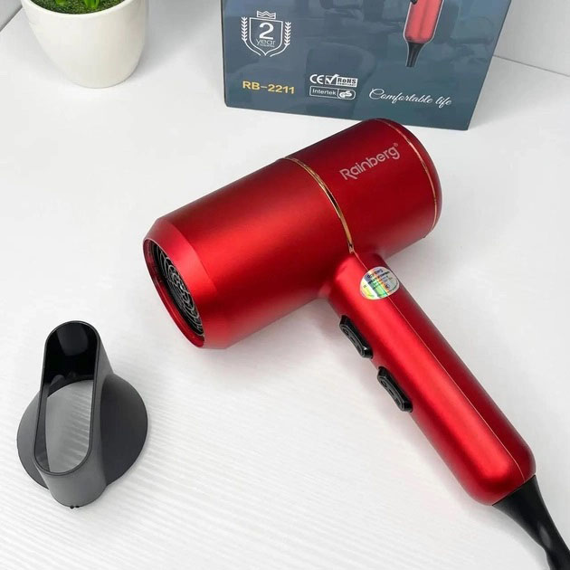 Фен для укладки и сушки волос Rainberg RB-2211 + насадка-концентратор, воздушный стайлер. Цвет: красный