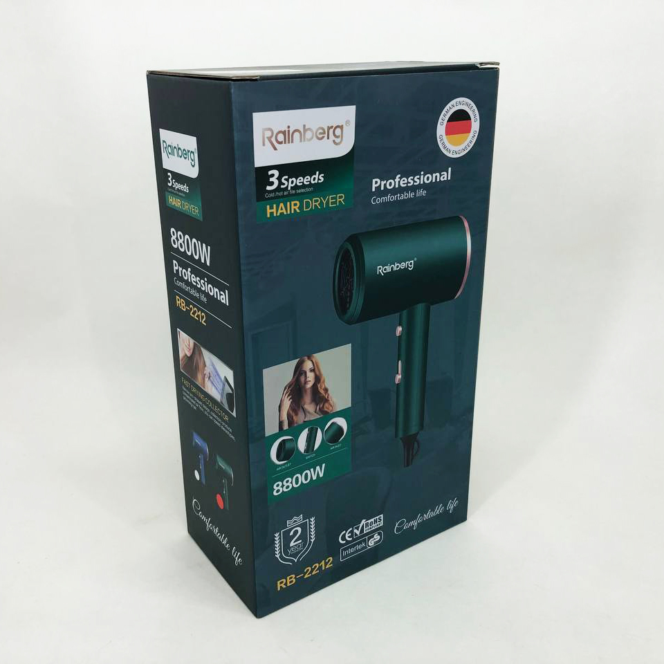 Фен Rainberg RB-2212 8800 W с регуляцией температуры и скорости для сушки и укладки волос. Цвет: зеленый