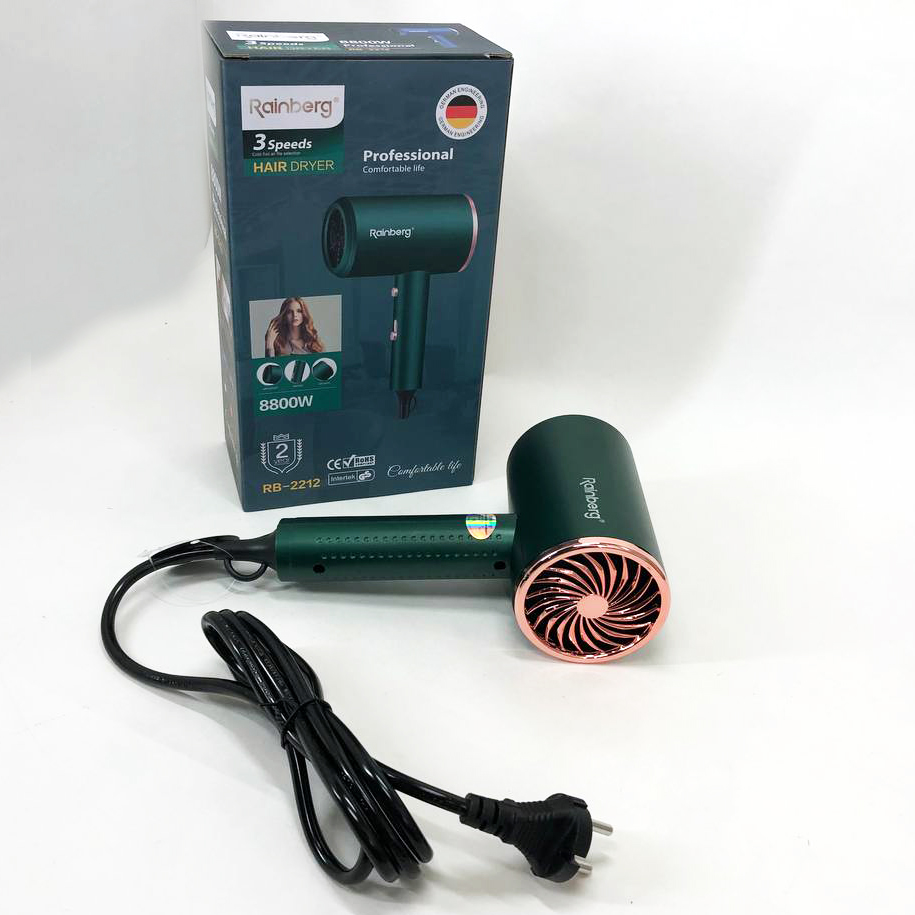 Фен Rainberg RB-2212 8800 W с регуляцией температуры и скорости для сушки и укладки волос. Цвет: зеленый