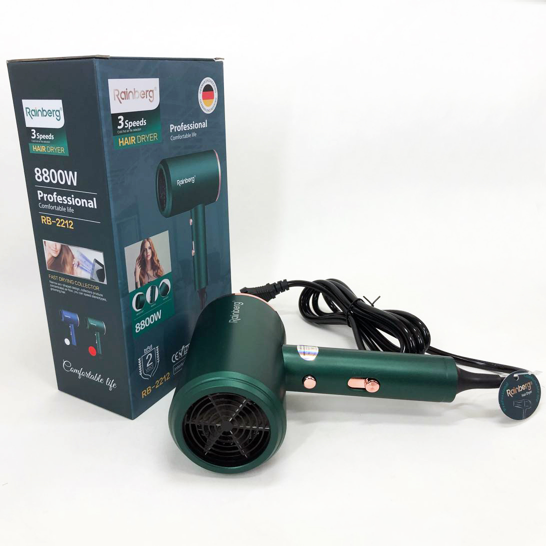Фен Rainberg RB-2212 8800 W с регуляцией температуры и скорости для сушки и укладки волос. Цвет: зеленый