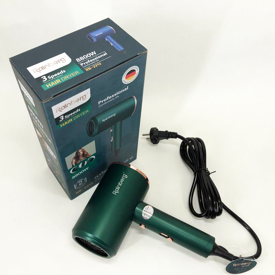 Фен Rainberg RB-2212 8800 W с регуляцией температуры и скорости для сушки и укладки волос. Цвет: зеленый