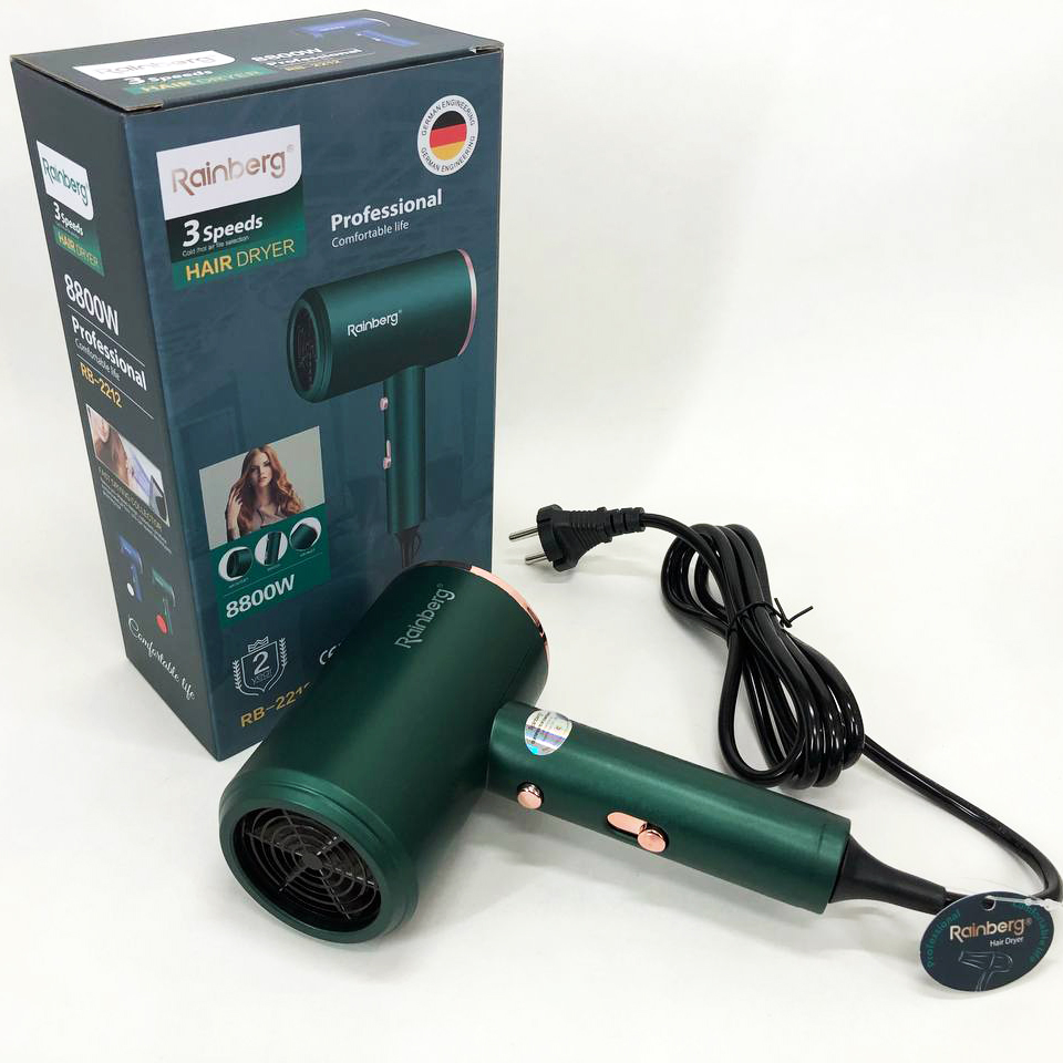 Фен Rainberg RB-2212 8800 W с регуляцией температуры и скорости для сушки и укладки волос. Цвет: зеленый