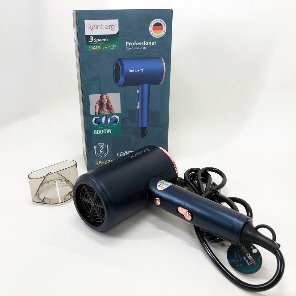 Фен Rainberg RB-2212 8800 W с регуляцией температуры и скорости для сушки и укладки волос. Цвет: синий