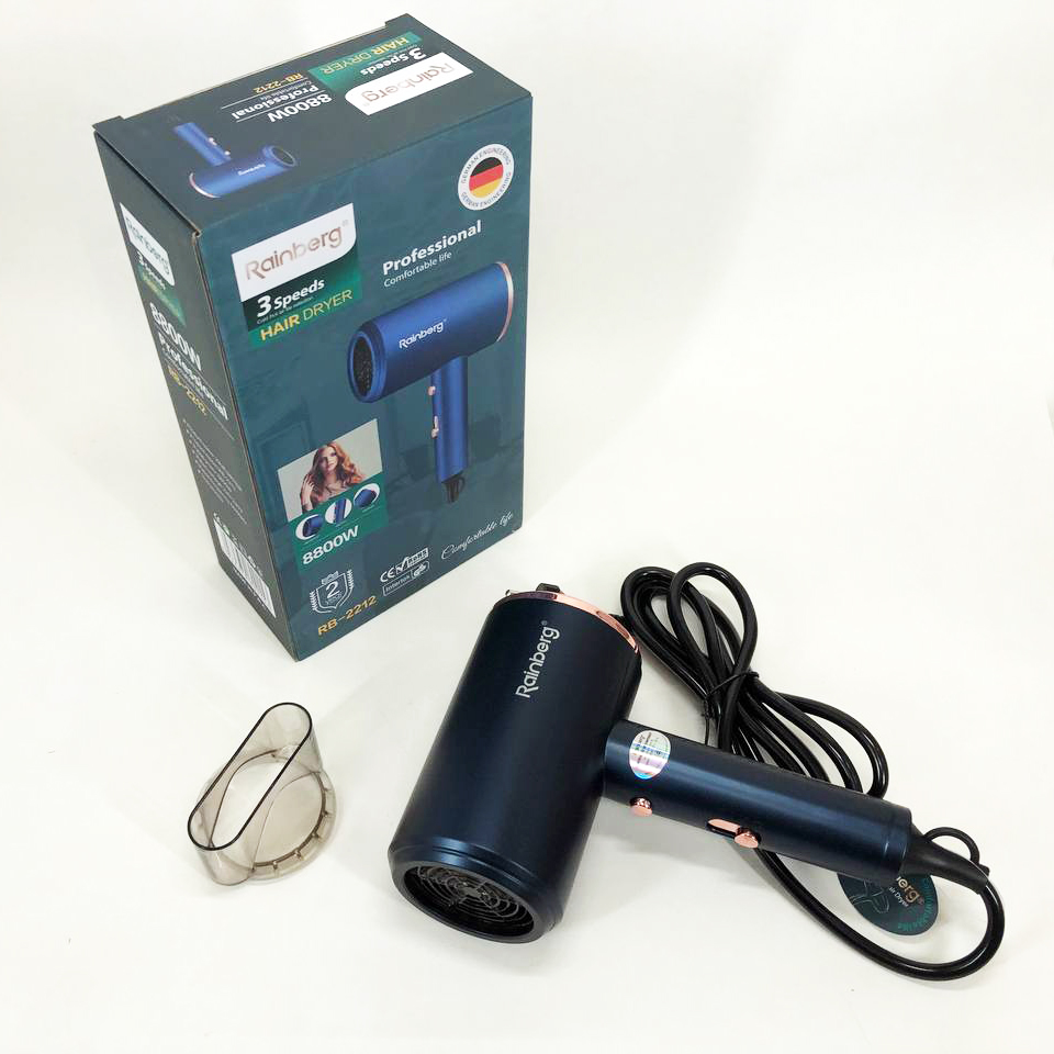 Фен Rainberg RB-2212 8800 W с регуляцией температуры и скорости для сушки и укладки волос. Цвет: синий