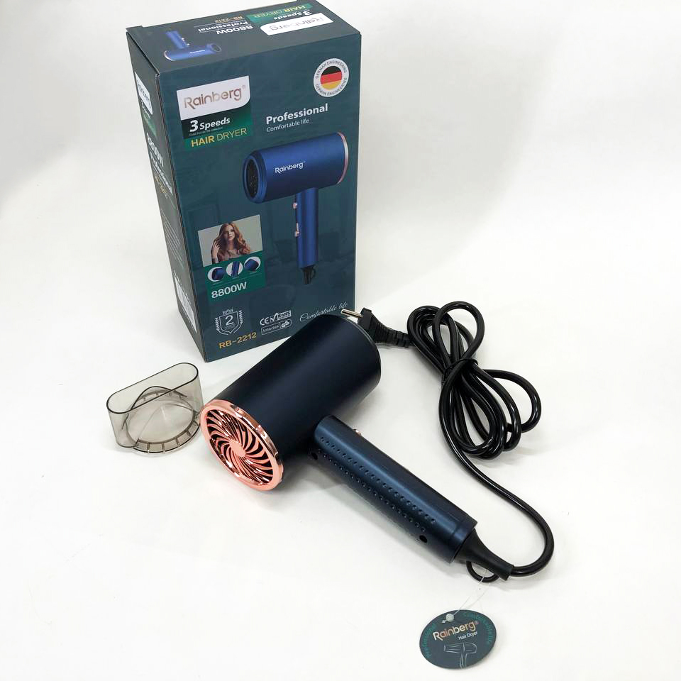 Фен Rainberg RB-2212 8800 W с регуляцией температуры и скорости для сушки и укладки волос. Цвет: синий