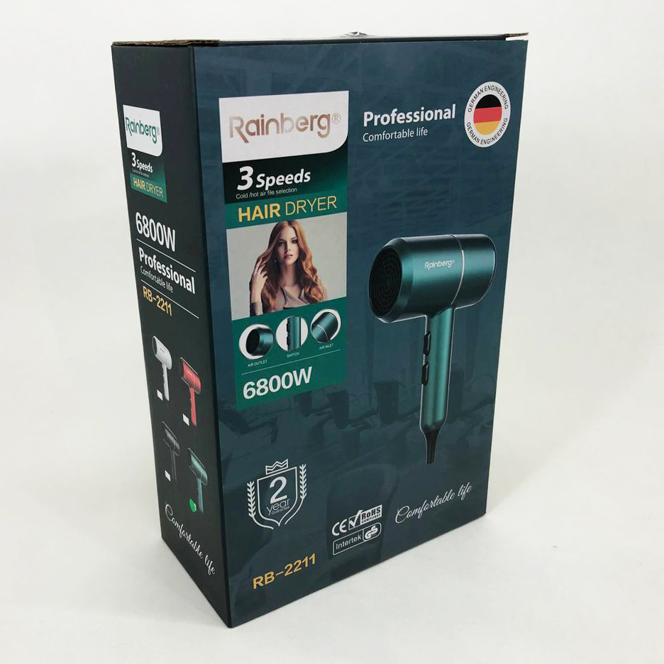 Фен для укладки и сушки волос Rainberg RB-2211 + насадка-концентратор, хороший мощный фен. Цвет: зеленый