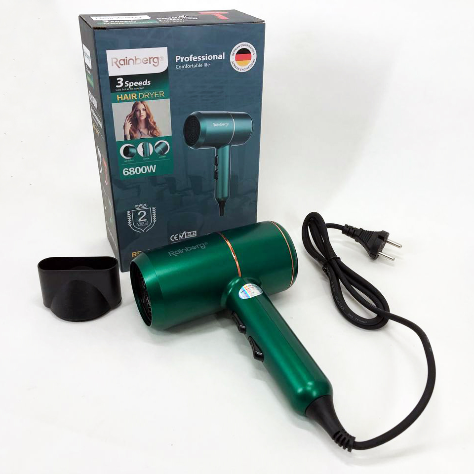 Фен для укладки и сушки волос Rainberg RB-2211 + насадка-концентратор, хороший мощный фен. Цвет: зеленый