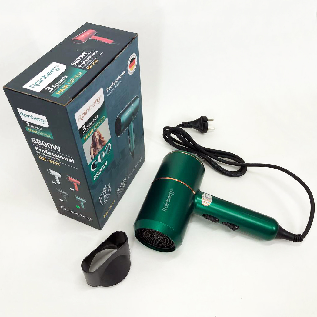 Фен для укладки и сушки волос Rainberg RB-2211 + насадка-концентратор, хороший мощный фен. Цвет: зеленый