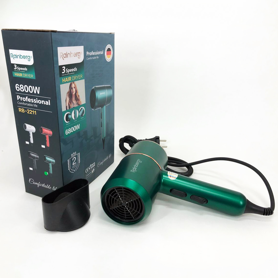 Фен для укладки и сушки волос Rainberg RB-2211 + насадка-концентратор, хороший мощный фен. Цвет: зеленый