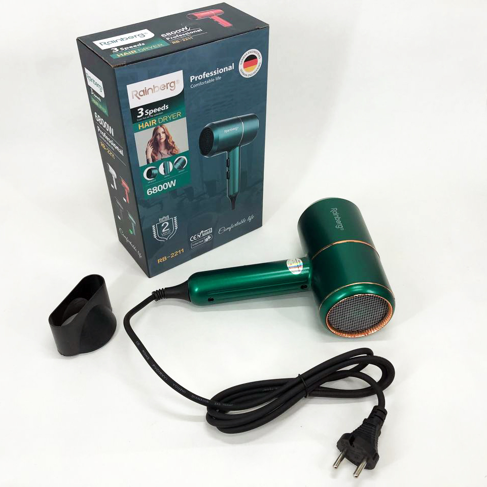 Фен для укладки и сушки волос Rainberg RB-2211 + насадка-концентратор, хороший мощный фен. Цвет: зеленый