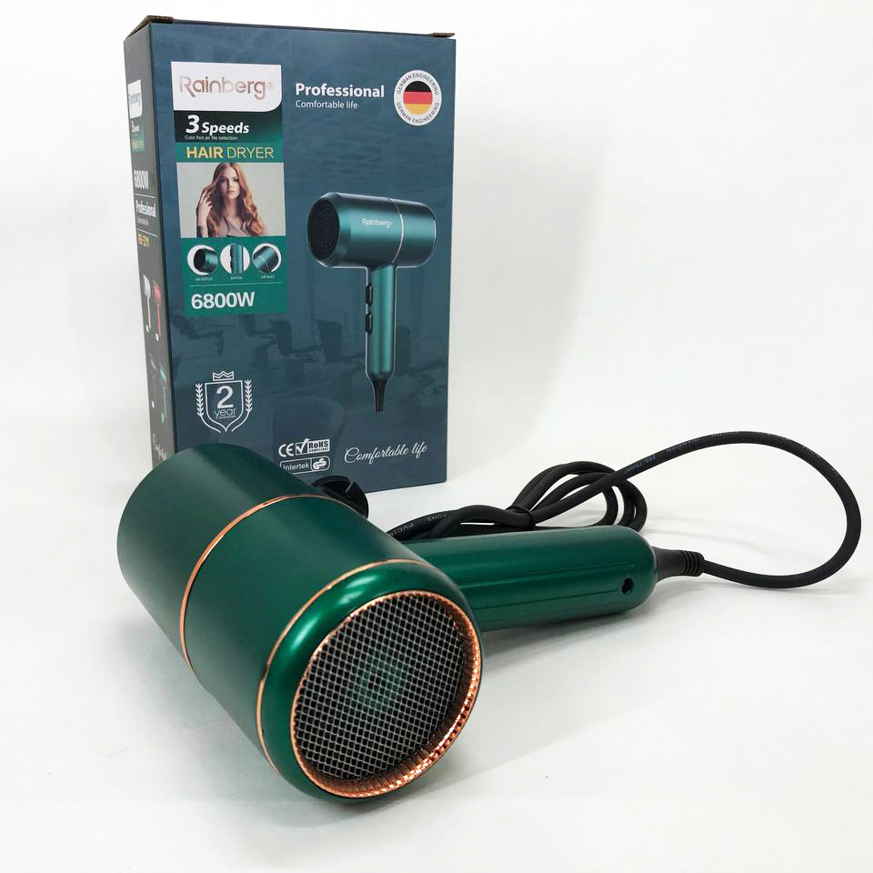 Фен для укладки и сушки волос Rainberg RB-2211 + насадка-концентратор, хороший мощный фен. Цвет: зеленый