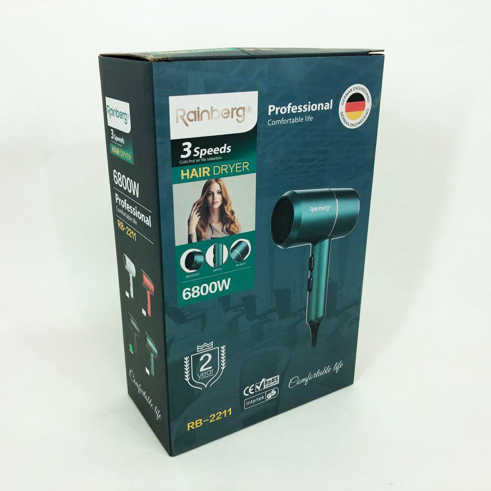 Фен для укладки и сушки волос Rainberg RB-2211 + насадка-концентратор, профессиональный фен. Цвет: черный