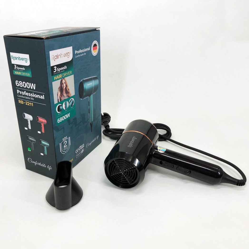 Фен для укладки и сушки волос Rainberg RB-2211 + насадка-концентратор, профессиональный фен. Цвет: черный