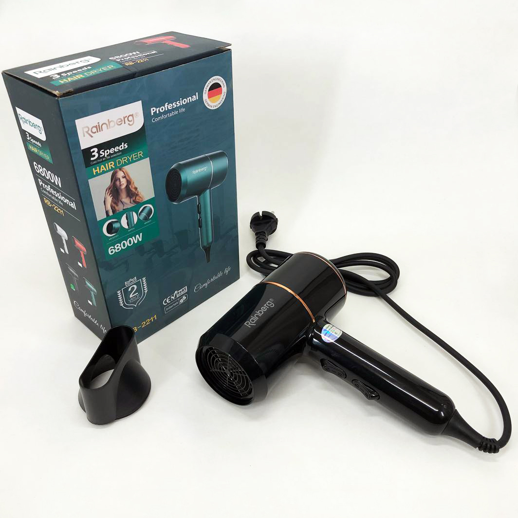 Фен для укладки и сушки волос Rainberg RB-2211 + насадка-концентратор, профессиональный фен. Цвет: черный