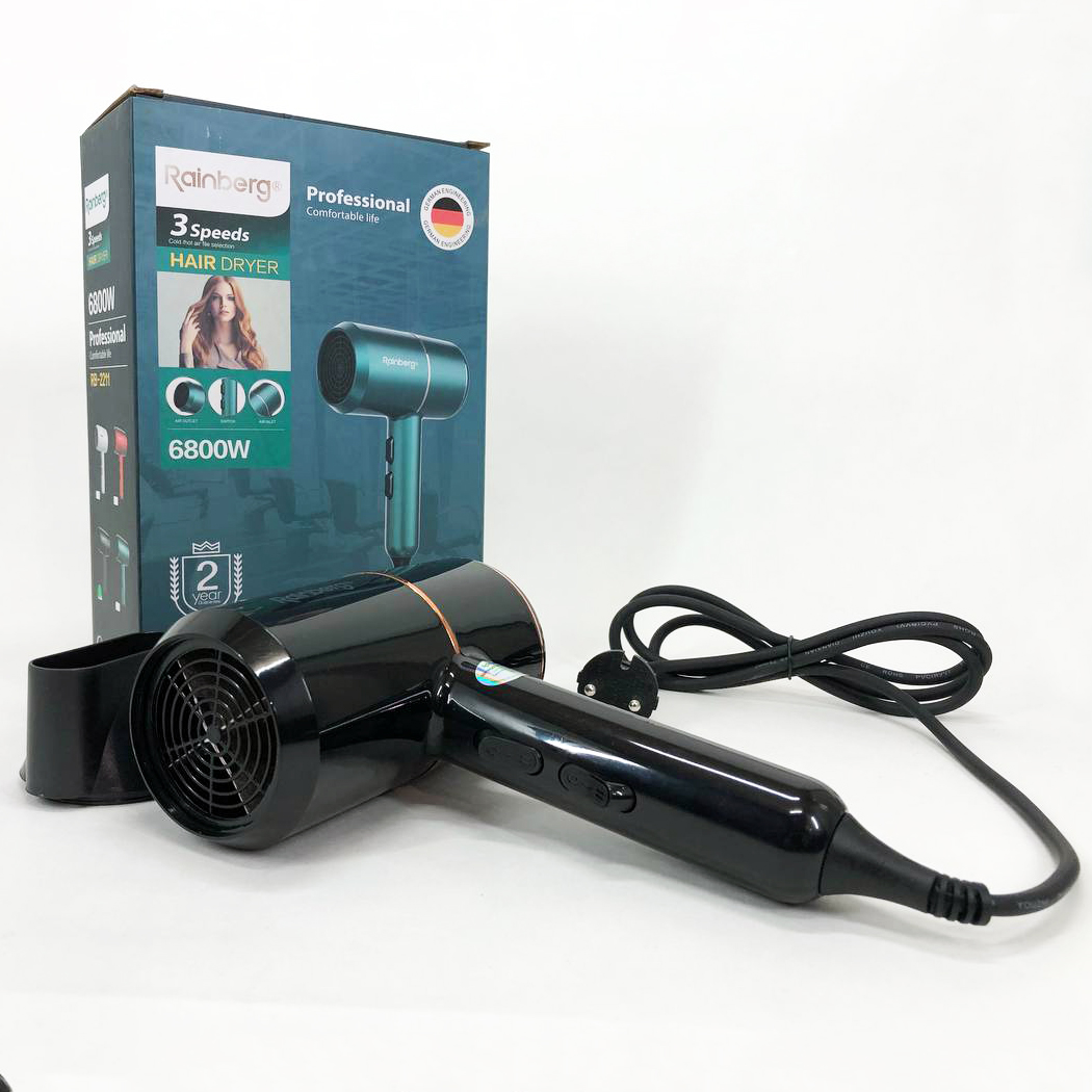 Фен для укладки и сушки волос Rainberg RB-2211 + насадка-концентратор, профессиональный фен. Цвет: черный