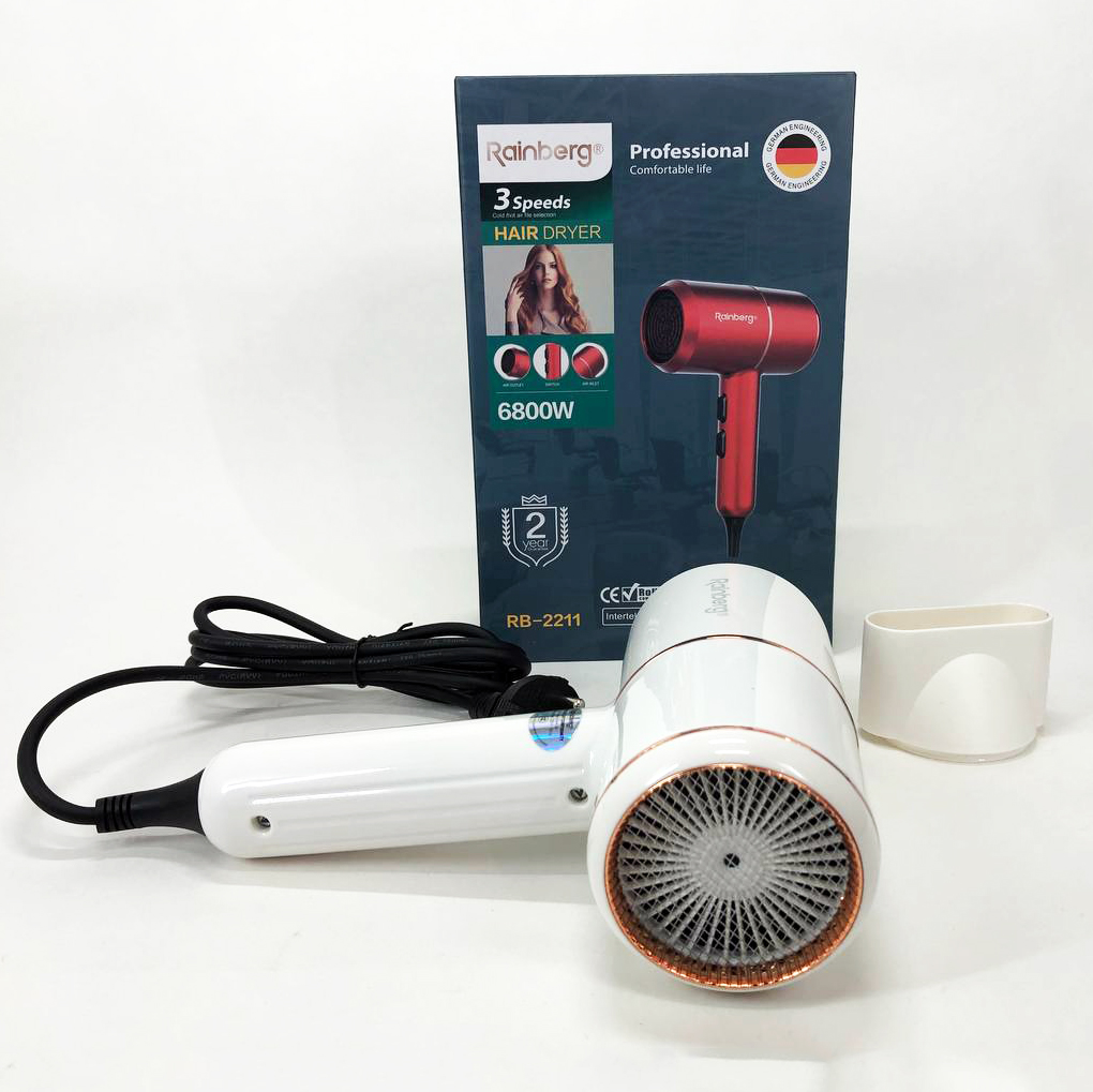 Фен для укладки и сушки волос Rainberg RB-2211 + насадка-концентратор. Цвет: белый