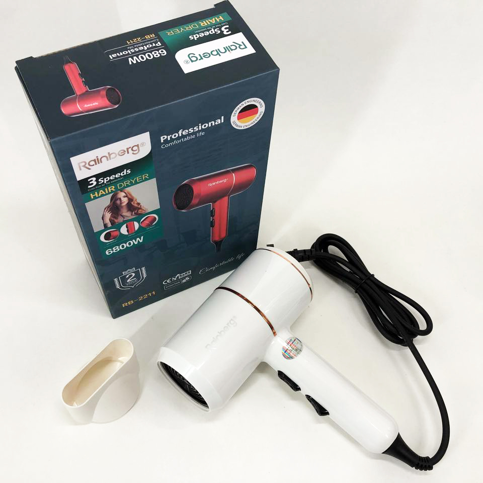 Фен для укладки и сушки волос Rainberg RB-2211 + насадка-концентратор. Цвет: белый