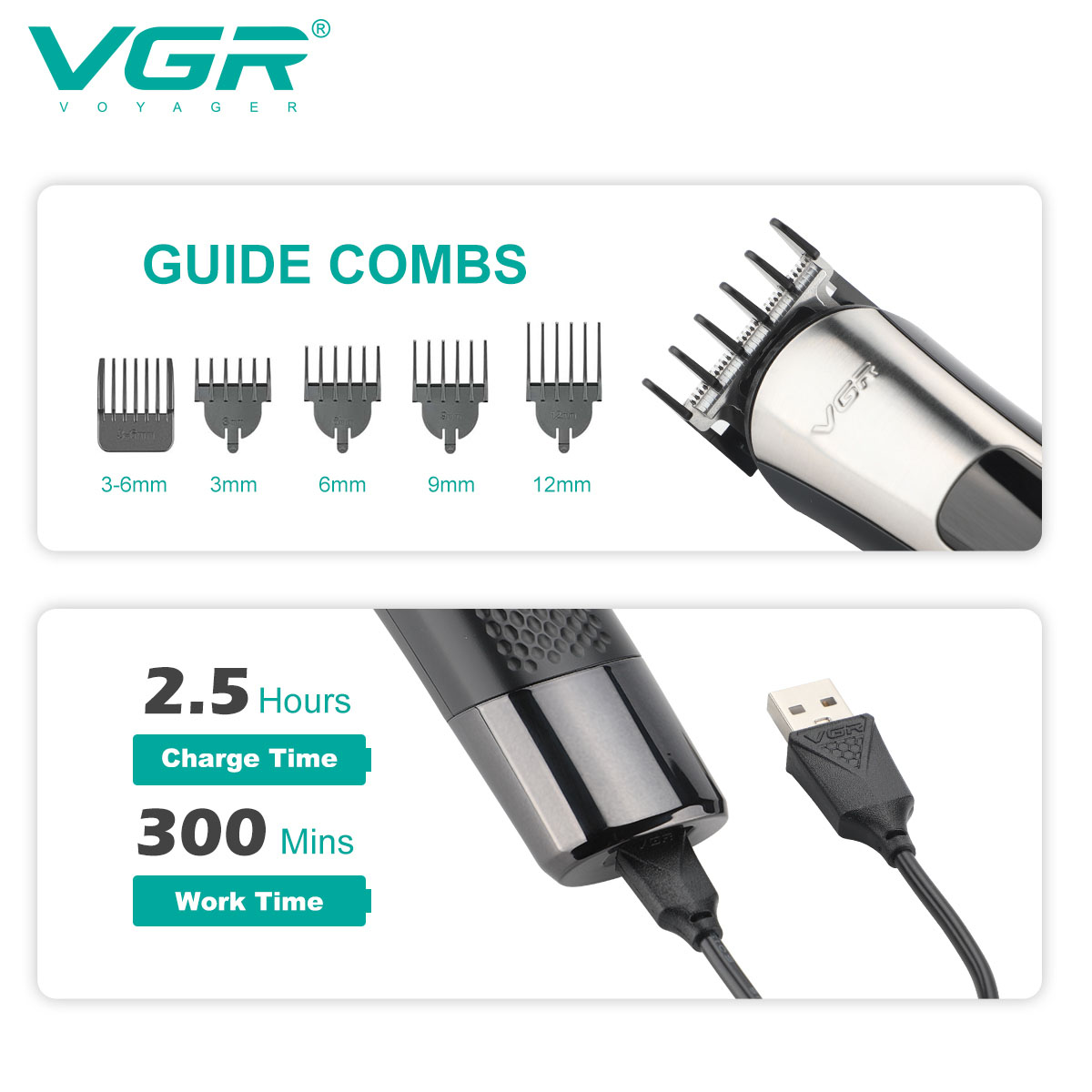 Набор для стрижки VGR 5 в 1 V-111, 9 насадок, Аккумуляторный универсальный триммер для стрижки