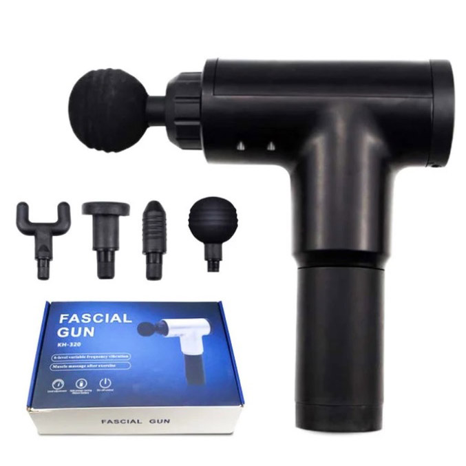 Аккумуляторный массажер Fascial Gun KH-320 портативный ручной ударный мышечный пистолет 4 насадки черный